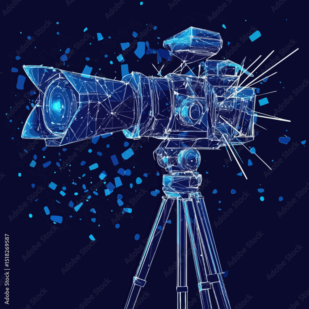 Futuristic polygonal video camera on tripod with blue wireframe mesh and exploding particles digital technology concept illustration