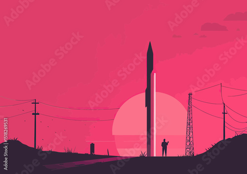 Silhouette of person standing near rocket on launch pad with power lines and large sun at dusk minimal flat vector illustration