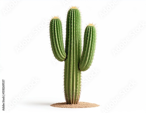 Tall green cactus with three arms sprouting from its main trunk on a white background. photo