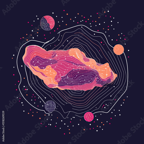 Abstract colorful contour map with starry space elements and circular shapes representing planets on dark background vector illustration