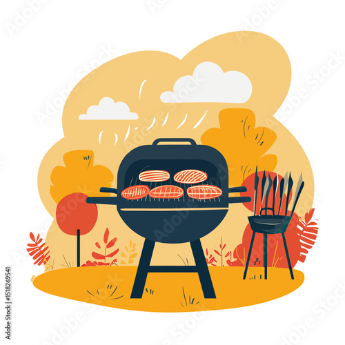 Outdoor charcoal barbecue grill with steaks and sausages cooking on the grill in autumn park setting flat vector illustration