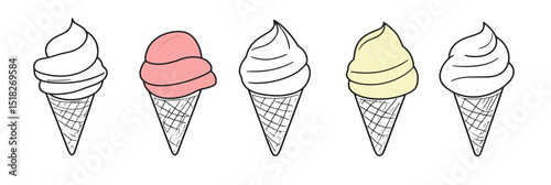 Set of various ice cream cones with soft serve and scoop styles in simple linear minimalist pastel colors vector illustration for dessert and summer treat design