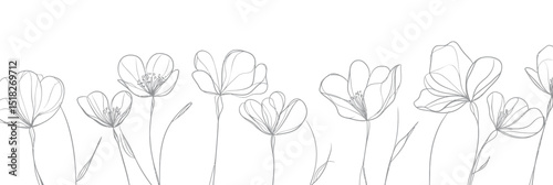 Minimalist continuous line drawing of delicate wild flowers with stems and leaves isolated on white background in black sketch style vector illustration for botanical design or decoration