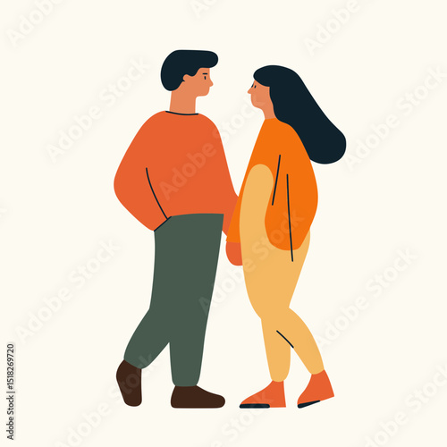 Minimalist vector illustration of man and woman standing facing each other in casual clothing with warm orange tones and simple flat design style for relationship or conversation concept