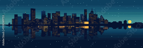 Minimalist flat vector city skyline at night with illuminated buildings reflecting on calm water under starry sky and full moon horizon