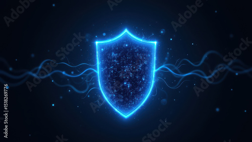 Cybersecurity shield with glowing blue and digital elements against black background.