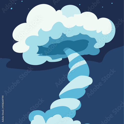 Cartoon stylized twisting tornado funnel cloud with swirling spiral shape and layered clouds in night sky vector illustration