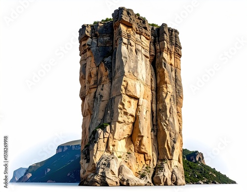 Monumental rock formation with unique layers of orange, gray, and brown strata.