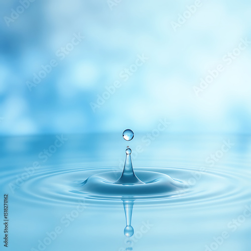 A single droplet of water falls and creates concentric ripples on a tranquil blue surface
