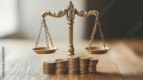 A golden scale of justice balanced over a stack of coins.
