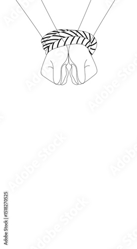 Vector black line graphic, hands tied with rope. Isolated on white background.Tied hands.  There is no freedom.  Captivity.  Vector image.  Unique image.  Hands tied with rope.
