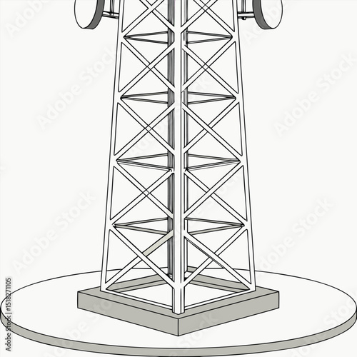Isometric illustration depicting a modern communication tower used for wireless networks and signal transmission.