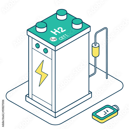 Isometric illustration of a hydrogen fuel cell energy power station with a remote control and clean energy concept.