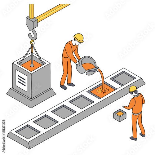 Workers pouring molten metal into molds representing industrial steel foundry processes in vector illustration