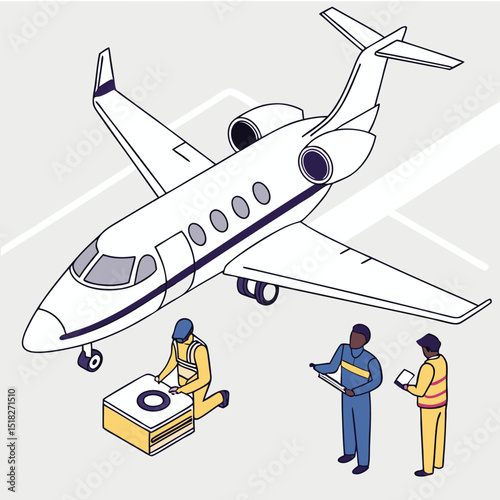 Illustration of a private jet with ground crew personnel performing maintenance checks and operations tasks.