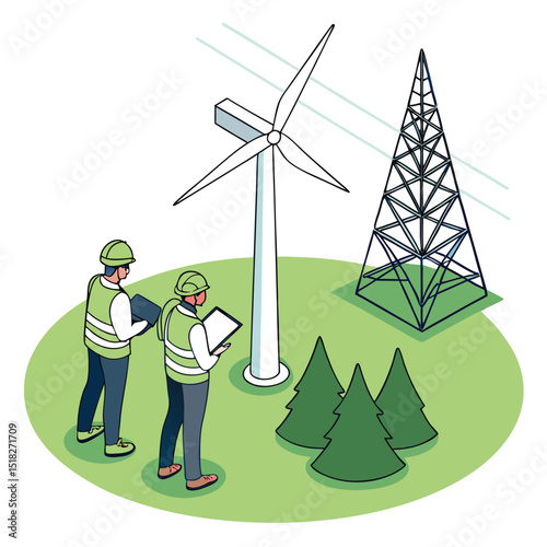 Two engineers inspecting wind turbine and power grid infrastructure in a sustainable environment illustration