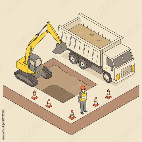 Isometric illustration of construction site showcasing an excavator a dump truck and construction worker with traffic cones
