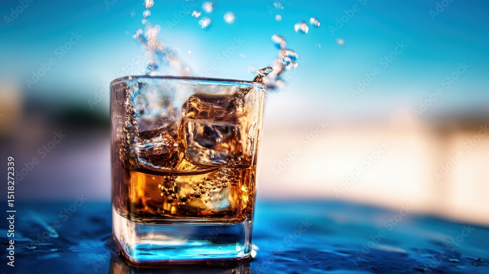 Close-up of a whiskey glass with ice splashing against a vibrant blue background Close-up of a whiskey glass with ice splashing against a vibrant blue background