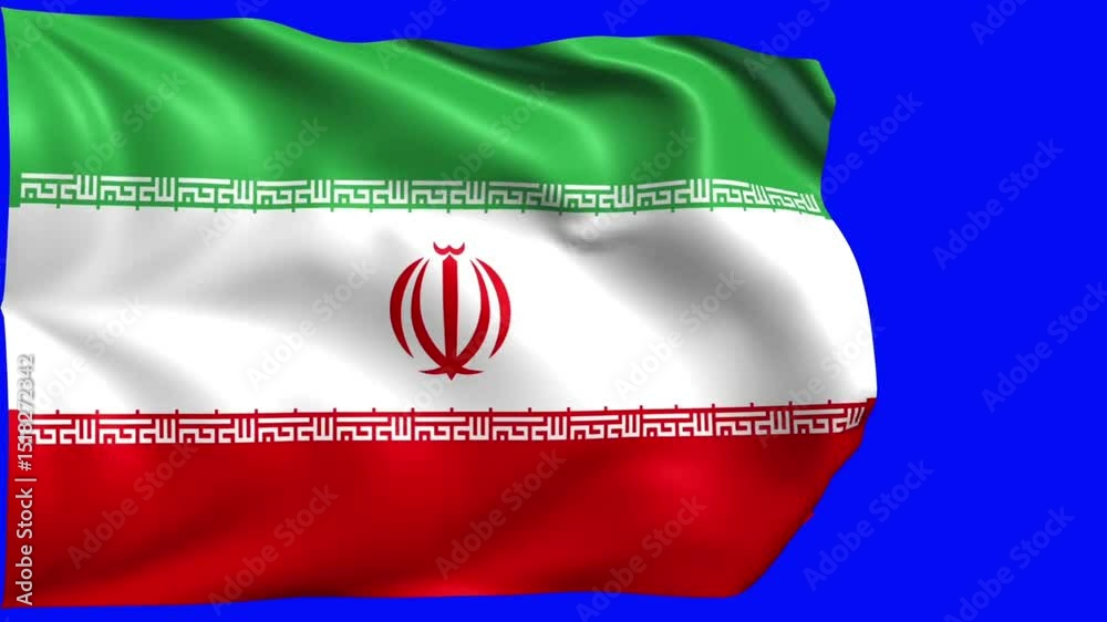 Animated Iran flag waving on blue screen background in seamless loop