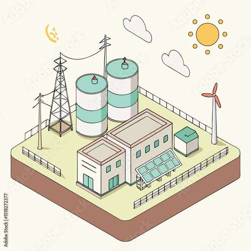 Isometric illustration of a modern sustainable energy production plant with solar panels and wind turbine
