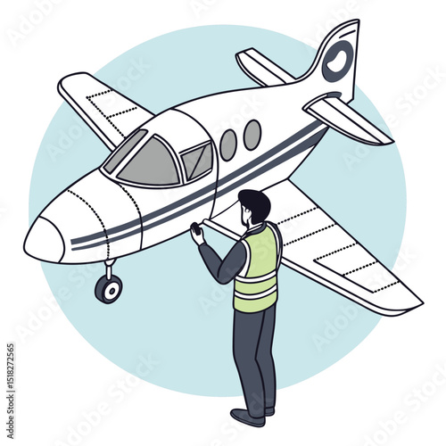 An aviation professional performing aircraft inspection and maintenance on a modern private jet airplane