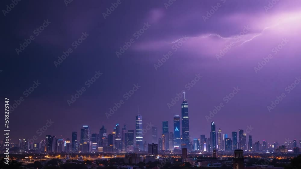 Lightning Storm Over A Futuristic City Skyline With Purple Clouds And Electric Strikes Illuminating The Urban Landscape. 4k video Lightning Storm Over A Futuristic City Skyline With Purple Clouds And Electric Strikes Illuminating The Urban Landscape. 4k video