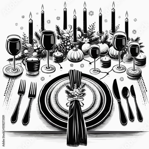 Elegant black and white illustration of a festive dinner table setting with candles and decorations
