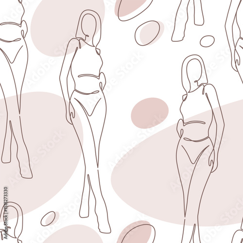 Abstract vector seamless pattern of young women outline figure. Tall slim girls silhouette hand drawn. Editable stroke one line art. Simple shape drawing. Modern fashion print. Body contour sketch