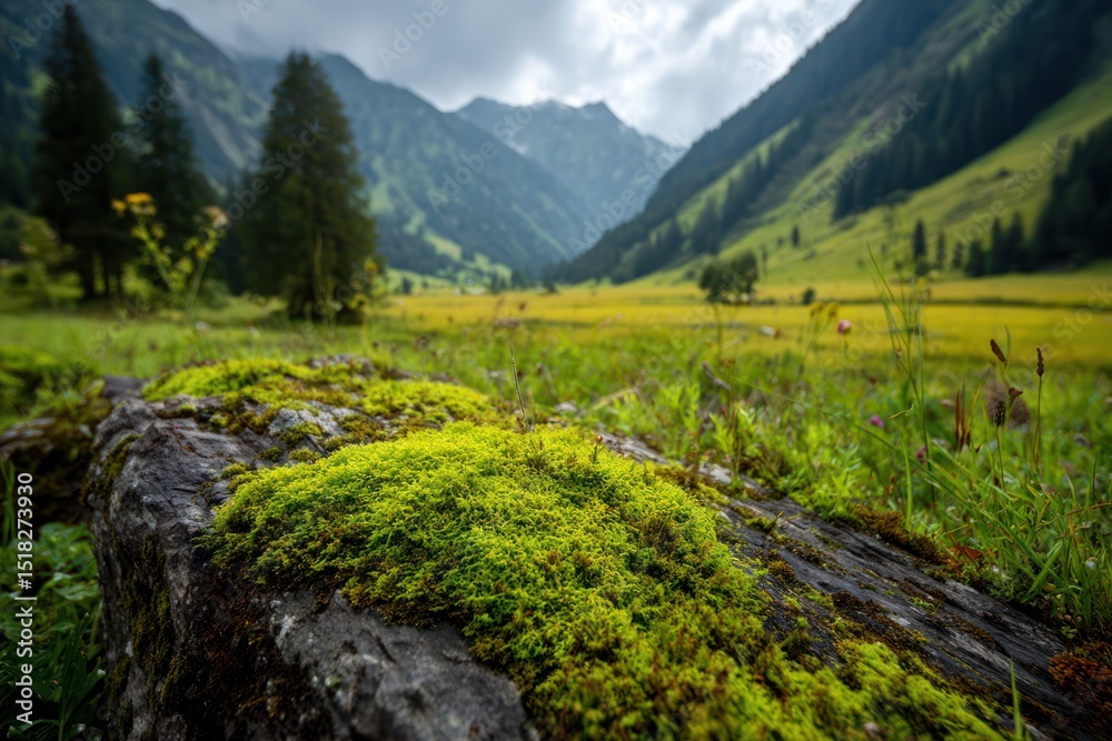 Obraz premium Lush Green Moss on Log in a Scenic Mountain Landscape