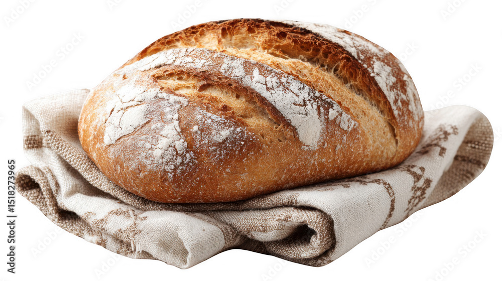 Obraz premium Freshly baked loaf of sourdough bread with golden crust and dusting of flour, resting on a patterned linen cloth against a transparent background