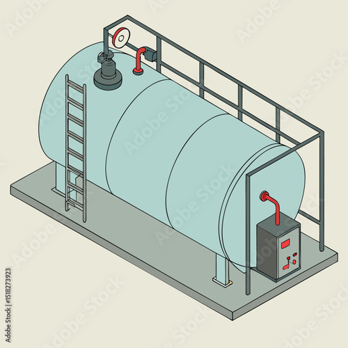 Isometric illustration of industrial storage tank with ladder and control panel depicting a production facility