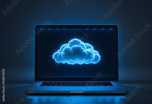 Glowing Cloud Above Laptop Screen – Futuristic Cloud Computing Concept on Dark Background