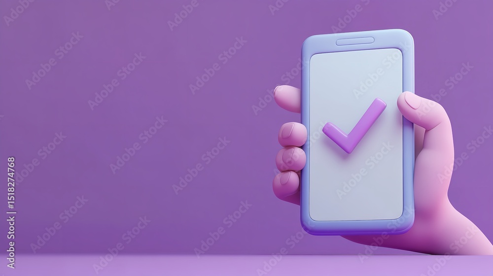 Mobile App Success:  3D Render of Hand Holding Smartphone with Checkmark -  Approval, Confirmation, Completion Concept