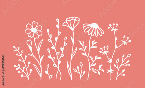 Floral pattern and set isolated flowers and wildflowers