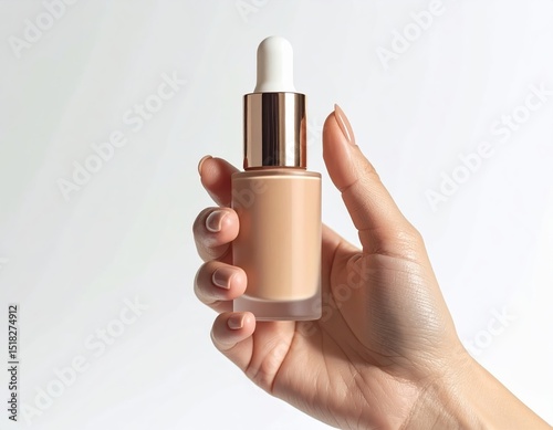 Hand holding a bottle of foundation, guide to achieving flawless complexion