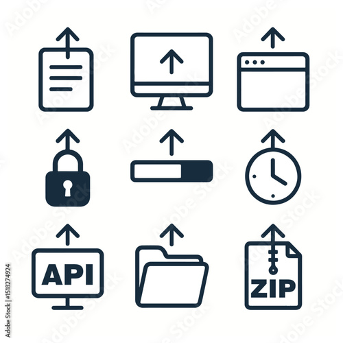 Nine upload icons in a 3x3 grid file desktop web padlock progress bar clock API monitor folder ZIP file