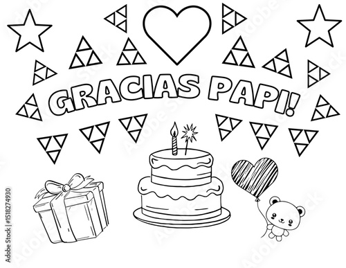 Página para colorear en español con pastel del compleaño, regalo y la frase "Gracias, papi"; una idea original para una postal hecha a mano para el Día del Padre.