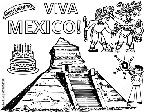 página para colorear en español con la frase "viva mexico"; diseño con el arte historico