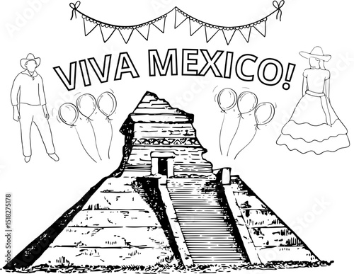 página para colorear en español con la frase "viva mexico", pirámide, globos, mujer y hobre; archivo electrónico (png, jpg, vector) fácil de descargar e imprimir en casa o en la escuela