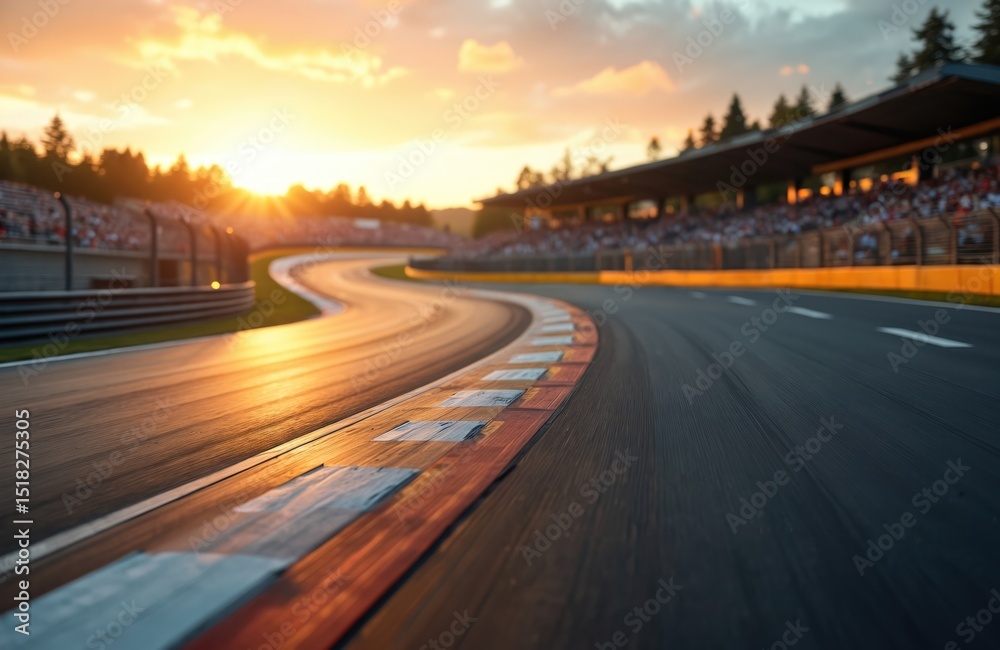 Obraz premium Racing track with twisting traffic during golden sunset. Curve road in the stadium with blurred background and bokeh. Concept of race and fast drive. Motorsport auto racing competition. Speed.