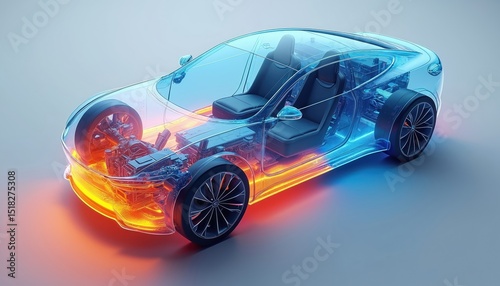Transparent electric vehicle with thermal management system simulation. CAE analysis reveals EV battery pack cooling strategy. Ensure optimal temperature for efficiency, longevity. Tech illustration.