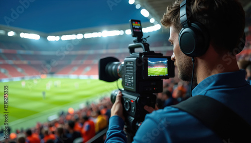 Fototapeta Naklejka Na Ścianę i Meble -  Cameraman films live sports broadcast from camera at stadium. Pro media operator wears headphones. Match in progress. Focus on video camera screen. Sports news production, television tech, live