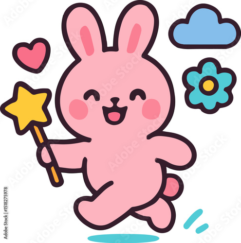 Whimsical Bunny with Star Wand: A playful and adorable pink bunny, radiating joy and magic, dashes through a cartoon landscape, waving a star wand and spreading cheer with every step.