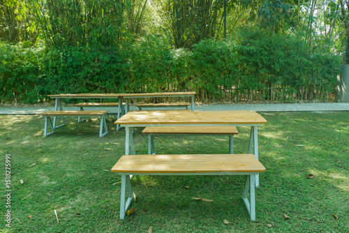 Backyard and garden furniture ,table and chairs in park for rest or picnic,beautiful designer garden,Natural landscaping,copy space..