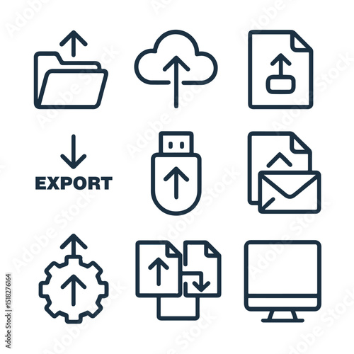 Nine dark line drawings depicting data transfer icons on white