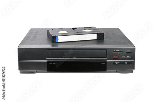 Classic VCR with cassette lying on top isolated on white background.
