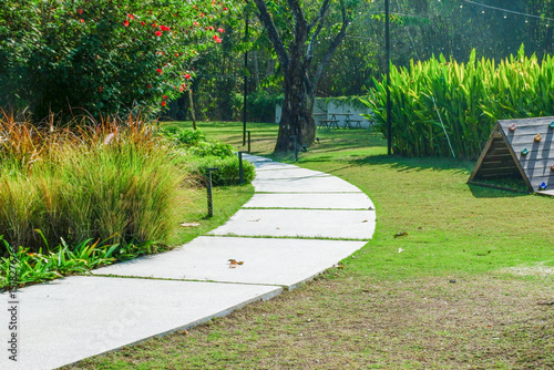 Garden stone path with green grass with blue lake in forest,backyard panoramic view on a beautiful sunny day, Landscape view..