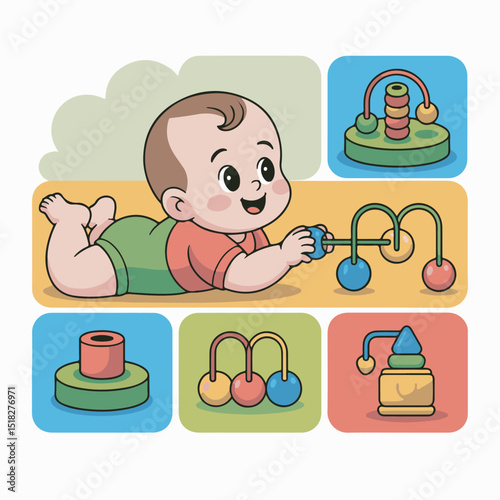 Adorable baby playing with colorful toys in a joyful illustration depicting childhood development and early learning concepts