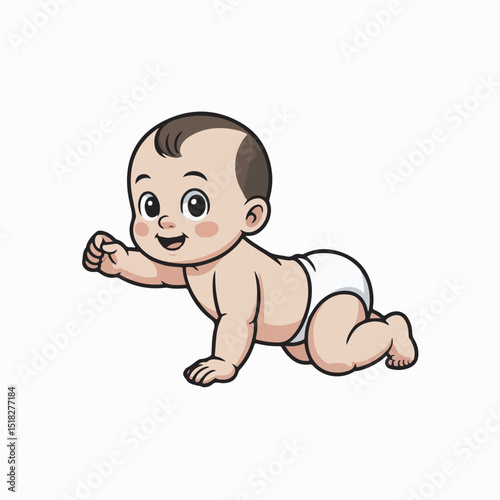 Adorable cartoon illustration of a happy baby crawling on a white background with a joyful expression