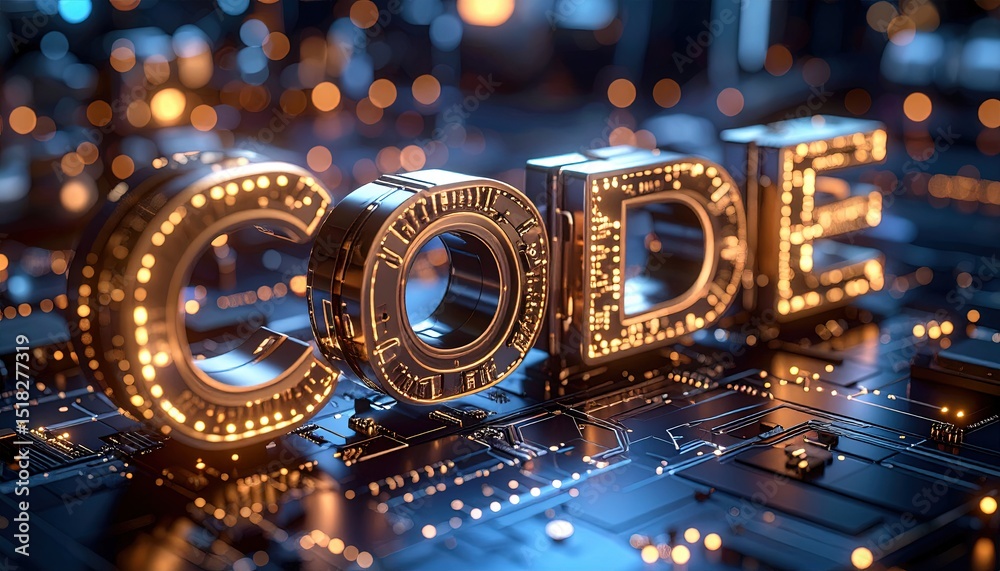 Fototapeta premium Illuminated 3D Code Text on Technology Background
